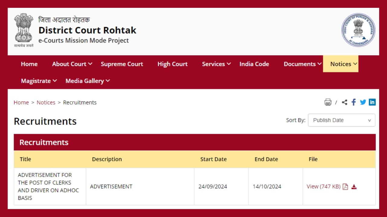 Rohtak Court Recruitment 2024 Clerk Driver Post