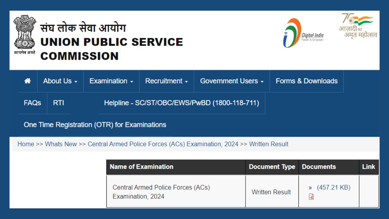 UPSC CAPF AC 2024 Result Written Result