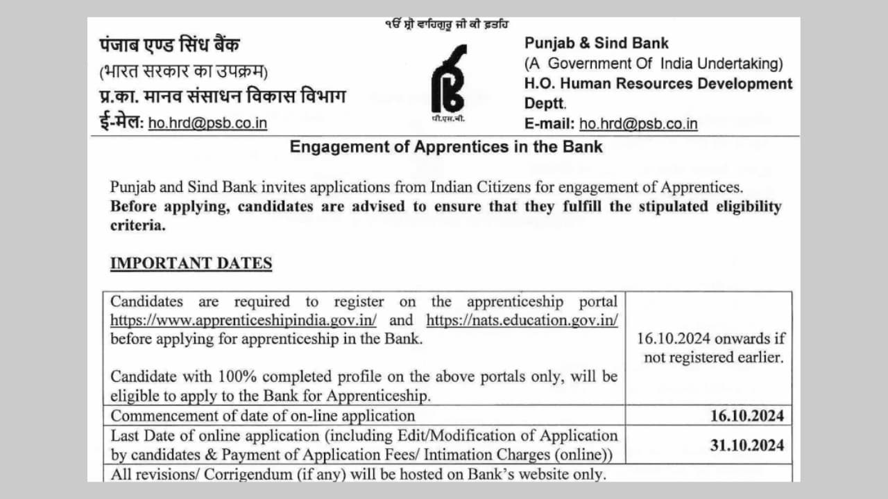 Punjab and Sind Bank Apprentice Recruitment 2024