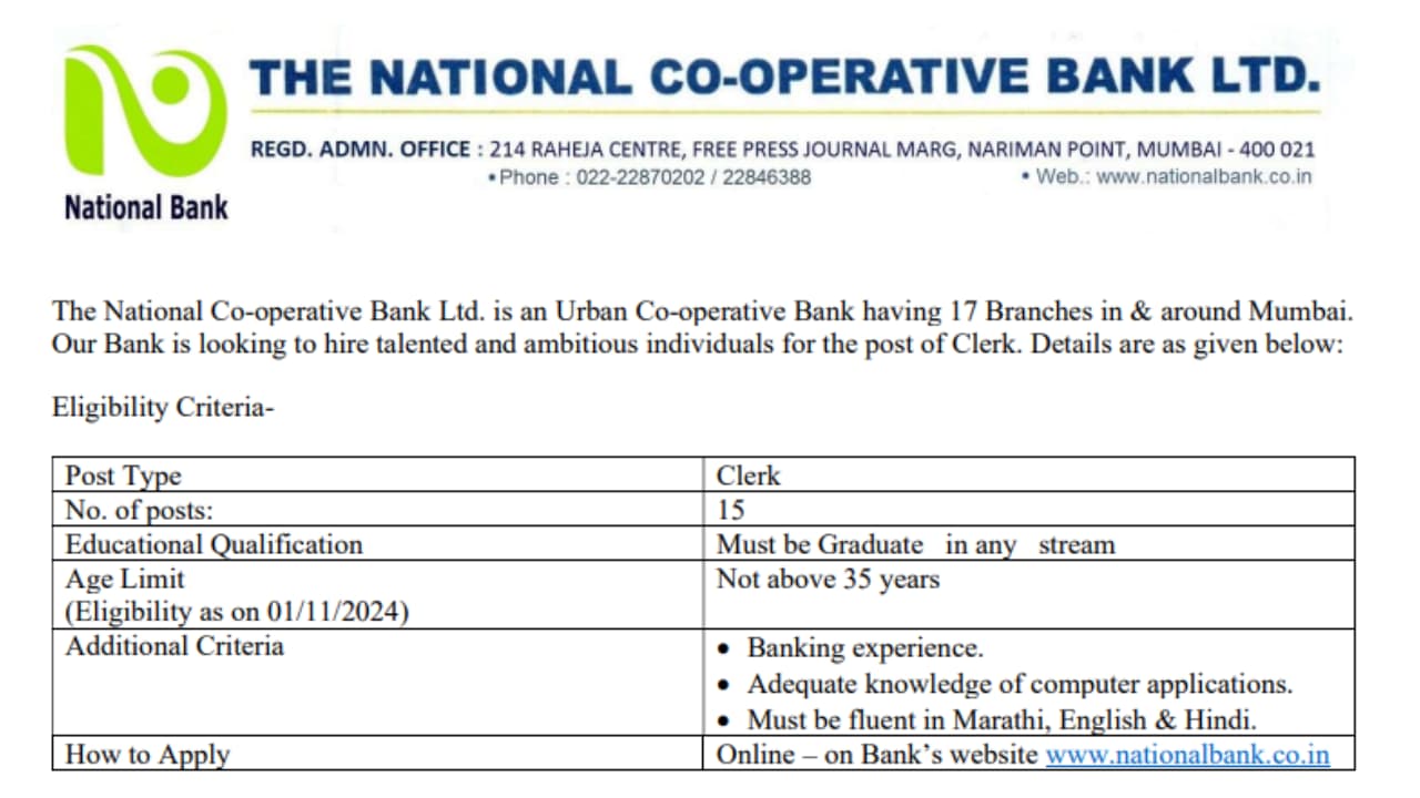 National Co-Operative Bank (NCBL) Clerk Recruitment 2024